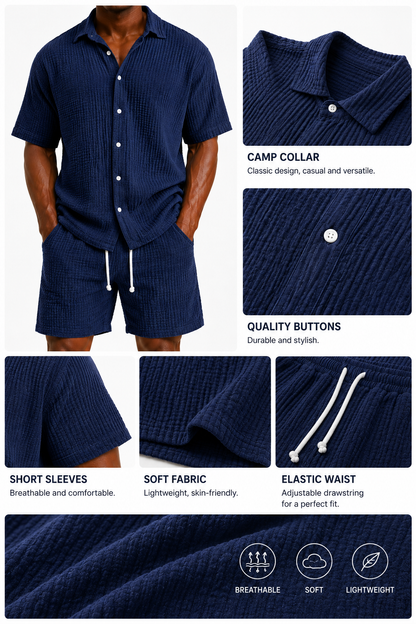 Limited Deal 8-Pack Men's Crinkle Cotton-Blend Camp Collar Shirt and Shorts Sets, Lightweight Breathable Relaxed Fit