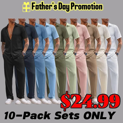 Men's 2 Piece Outfit Casual Short Sleeve Button Down Shirt Beach Summer Loose Pant Sets