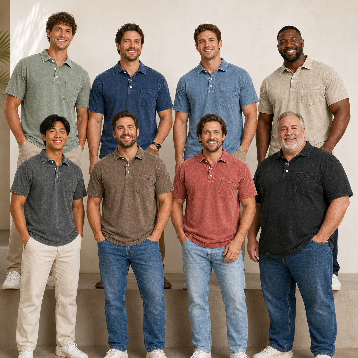 ☀️Limited Deal 8-Pack Men's Washed Cotton Blend Pocket Polo Shirts, Lightweight Breathable 3-Button Relaxed Fit