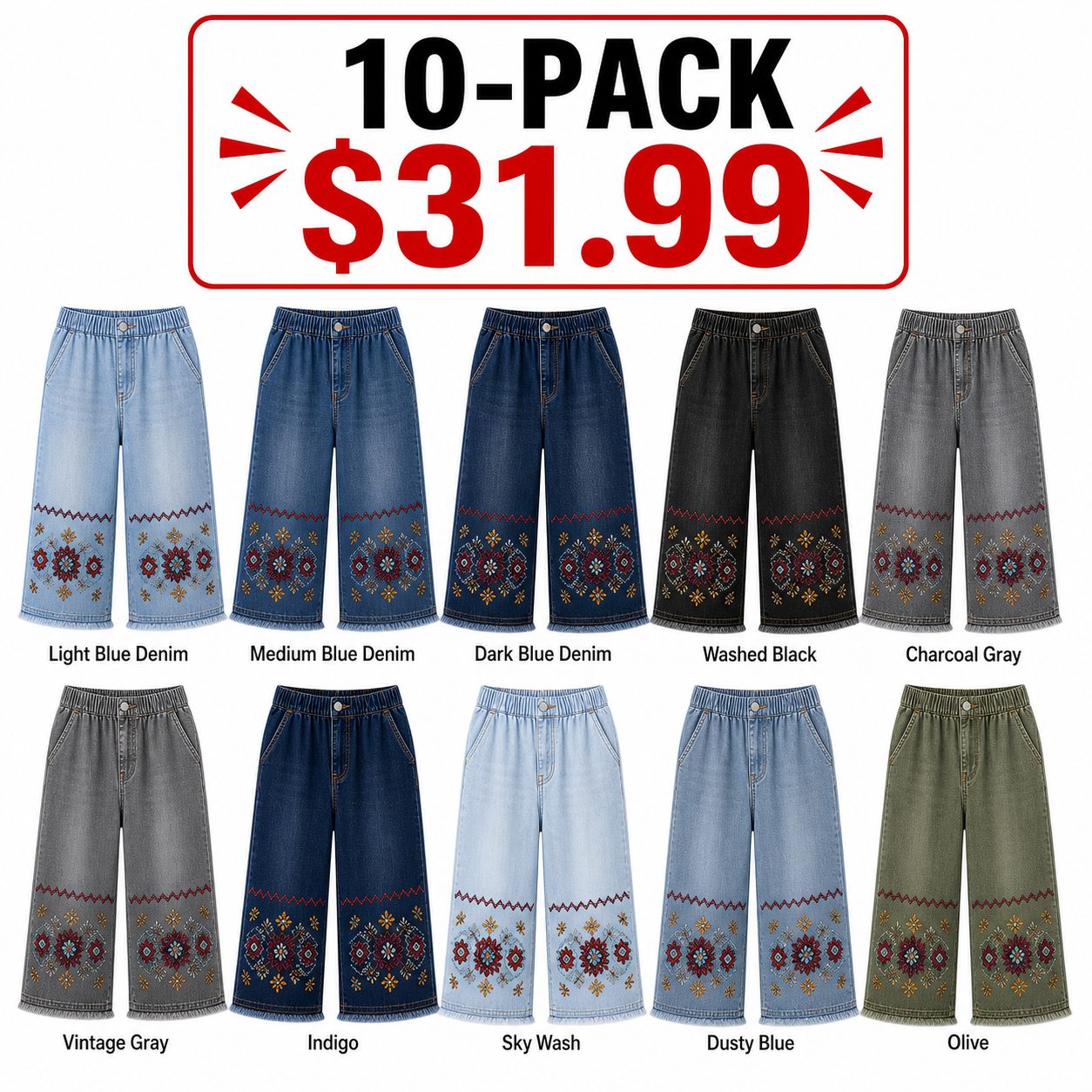 CLEARANCE SALE - Women's Embroidered Denim Capri Pants - 14 Washes & Bundle Deals