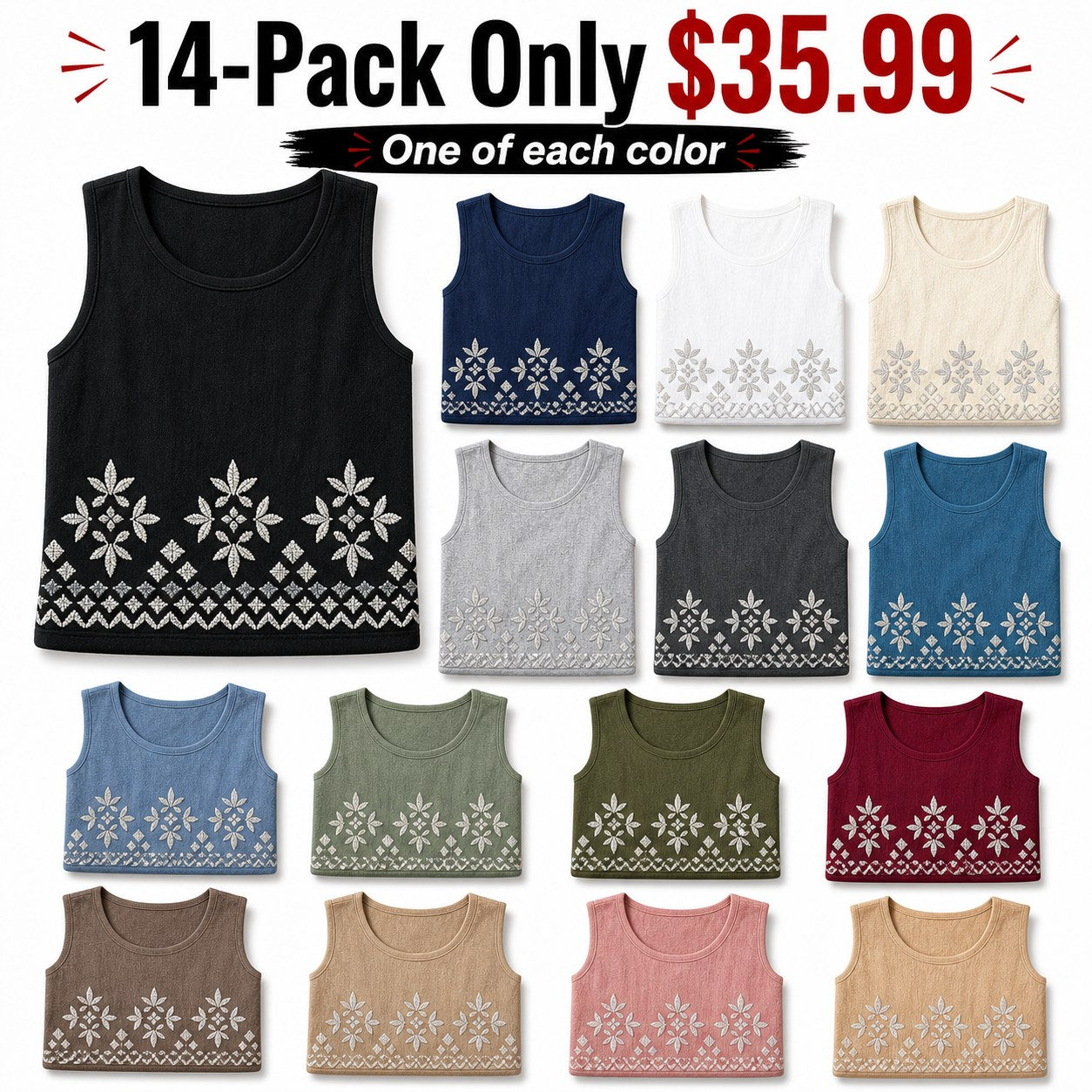 CLEARANCE SALE - Women's Embroidered Border Sleeveless Tank Top - 14 Colors & Bundle Deals