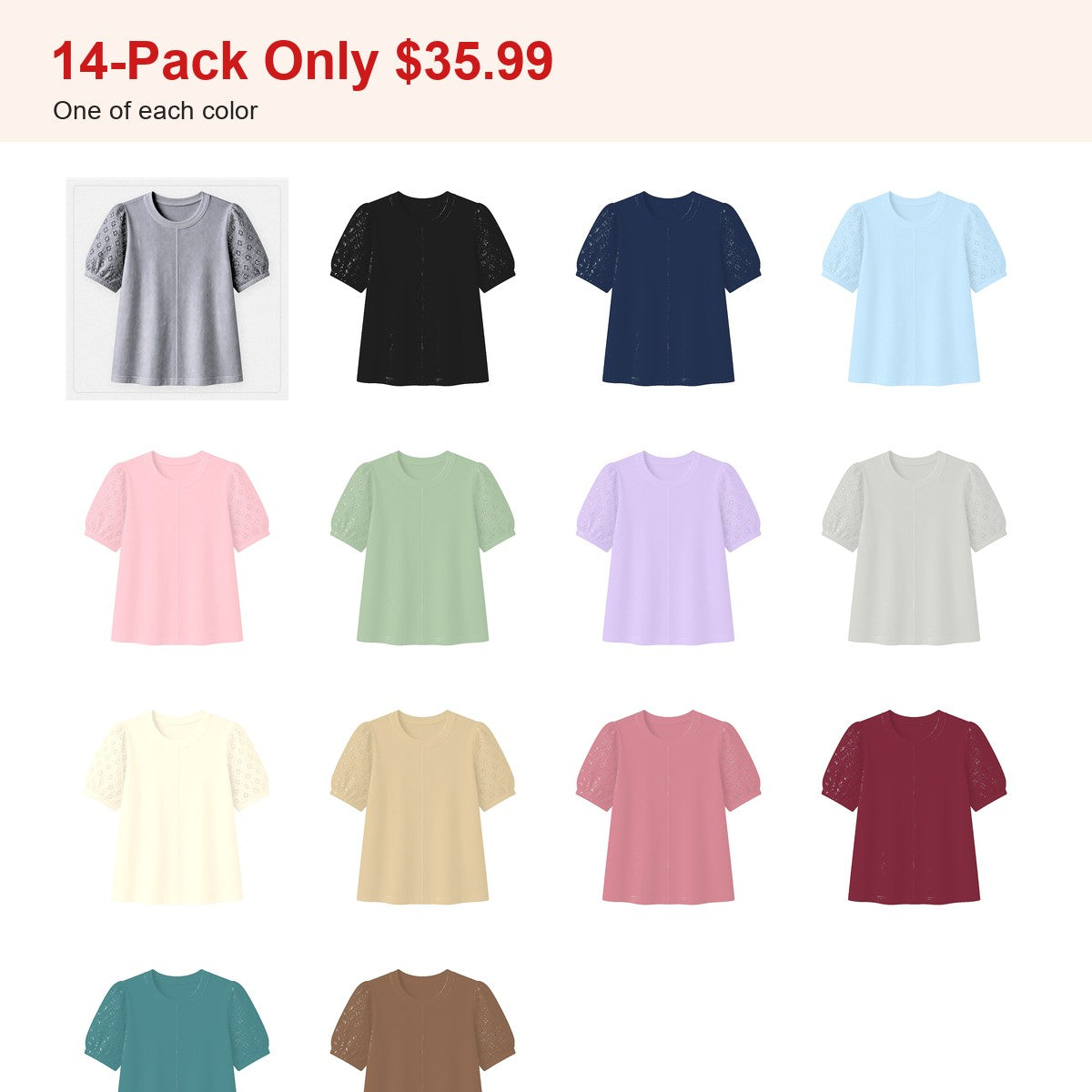 CLEARANCE SALE - Women's 95% Cotton Eyelet Sleeve Tee - 14 Colors & Bundle Deals