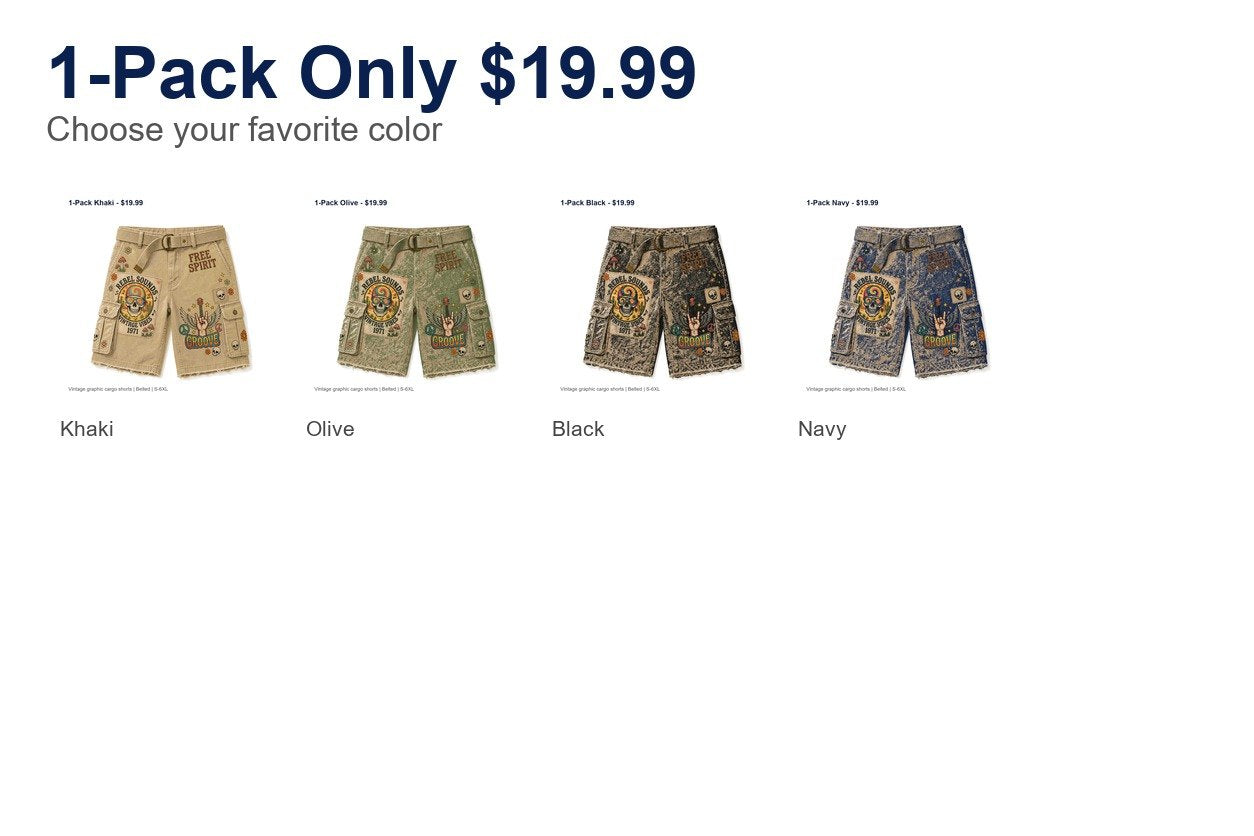 CLEARANCE SALE - Men's Vintage Graphic Cargo Shorts - 14 Colors & Bundle Deals