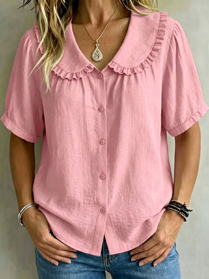 ⏰16-Pack Only $35👕 Women's Ruffle Trim Collared Button-Up Short Sleeve Shirt - Limited Stock Once They’re Gone, They’re Gone!