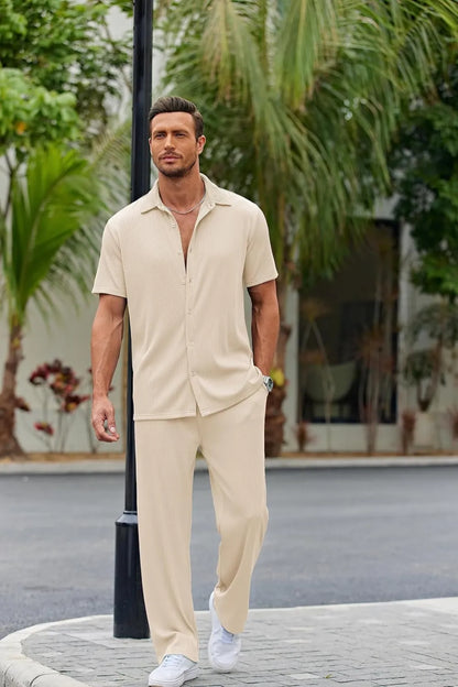 Men's 2 Piece Outfit Casual Short Sleeve Button Down Shirt Beach Summer Loose Pant Sets
