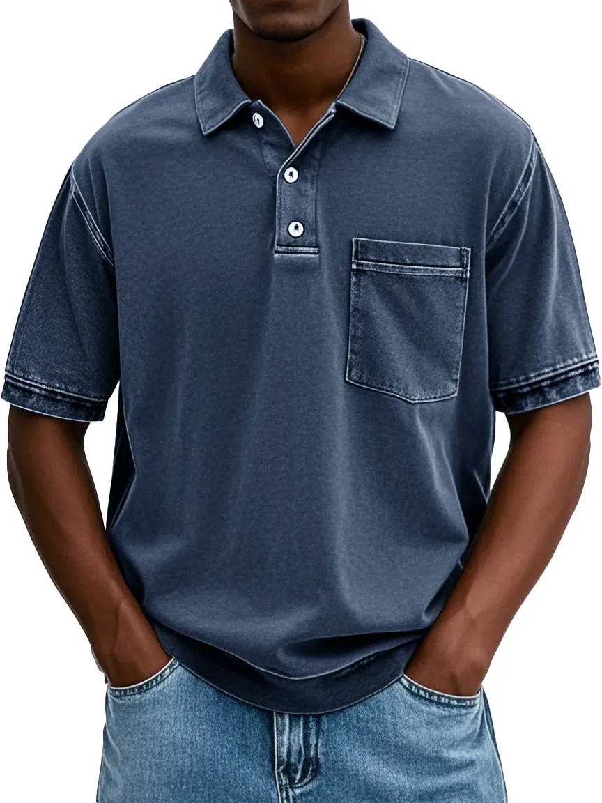 ✨VENTE FINALE✨ 10 pièces à seulement 34,99 € ✨ – Polo homme rétro délavé à col revers avec poche et manches courtes