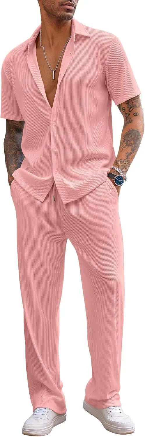 Men's 2 Piece Outfit Casual Short Sleeve Button Down Shirt Beach Summer Loose Pant Sets