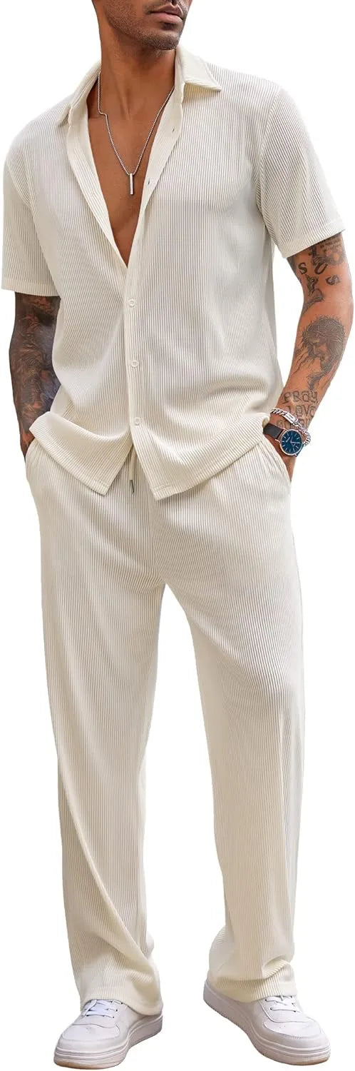Men's 2 Piece Outfit Casual Short Sleeve Button Down Shirt Beach Summer Loose Pant Sets