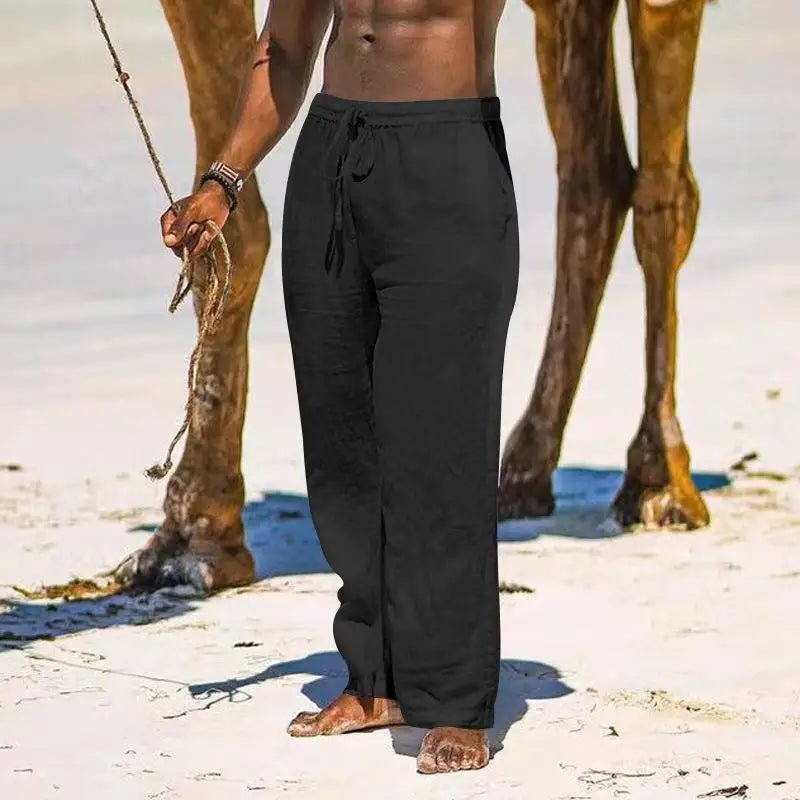 Casual Loose Cotton Linen Men Pants Summer Male High Elastic Waist Wide Leg Sand Holiday Beachwear Straight Full Trousers