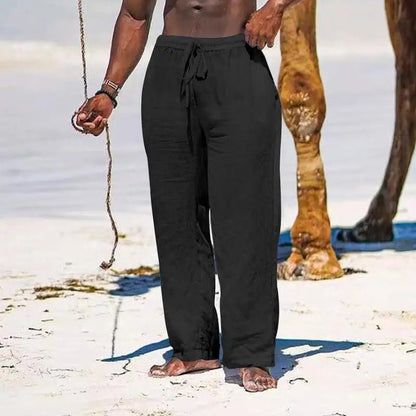 Casual Loose Cotton Linen Men Pants Summer Male High Elastic Waist Wide Leg Sand Holiday Beachwear Straight Full Trousers
