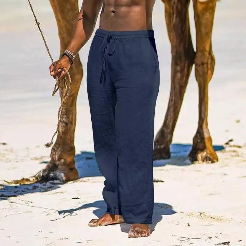 Casual Loose Cotton Linen Men Pants Summer Male High Elastic Waist Wide Leg Sand Holiday Beachwear Straight Full Trousers