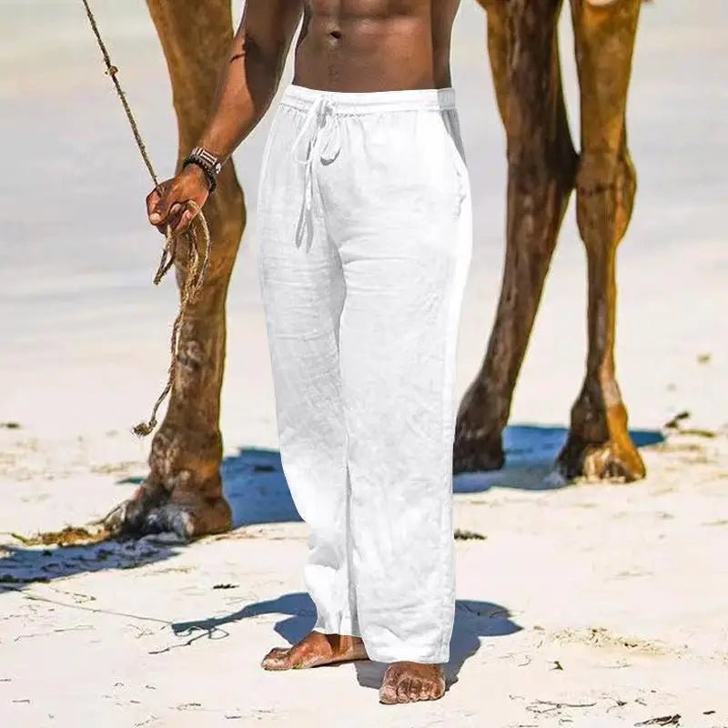 Casual Loose Cotton Linen Men Pants Summer Male High Elastic Waist Wide Leg Sand Holiday Beachwear Straight Full Trousers