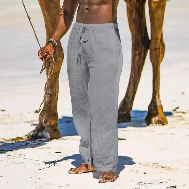 Casual Loose Cotton Linen Men Pants Summer Male High Elastic Waist Wide Leg Sand Holiday Beachwear Straight Full Trousers
