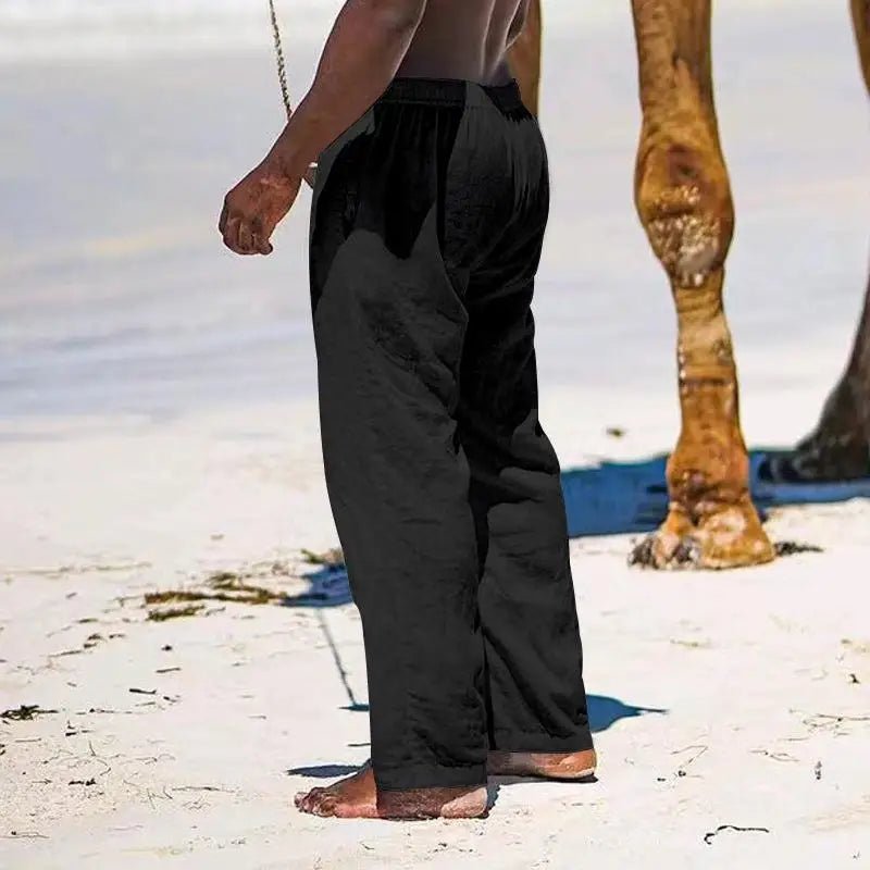 Casual Loose Cotton Linen Men Pants Summer Male High Elastic Waist Wide Leg Sand Holiday Beachwear Straight Full Trousers