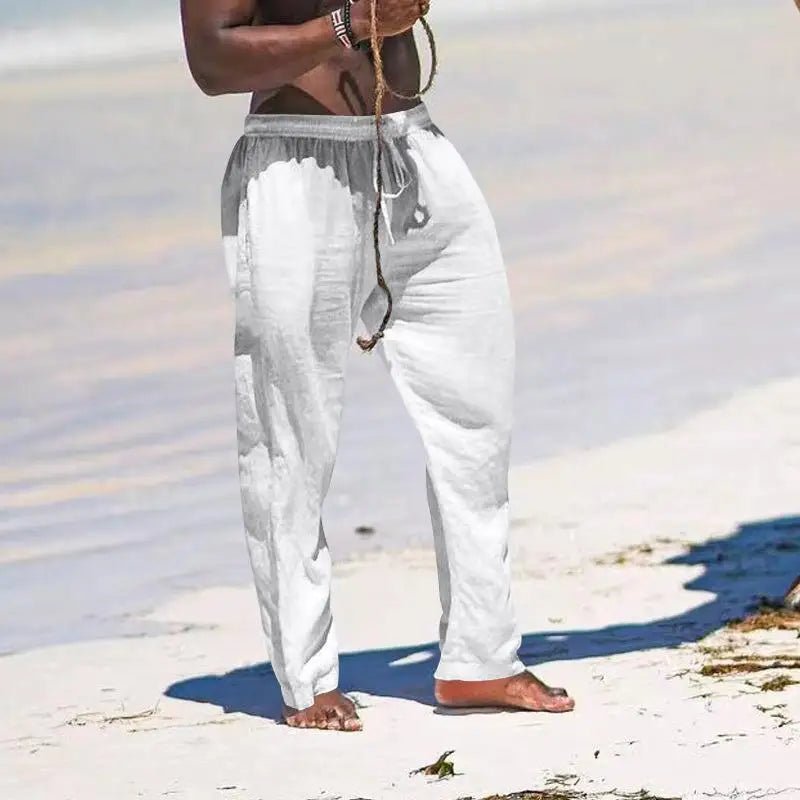 Casual Loose Cotton Linen Men Pants Summer Male High Elastic Waist Wide Leg Sand Holiday Beachwear Straight Full Trousers