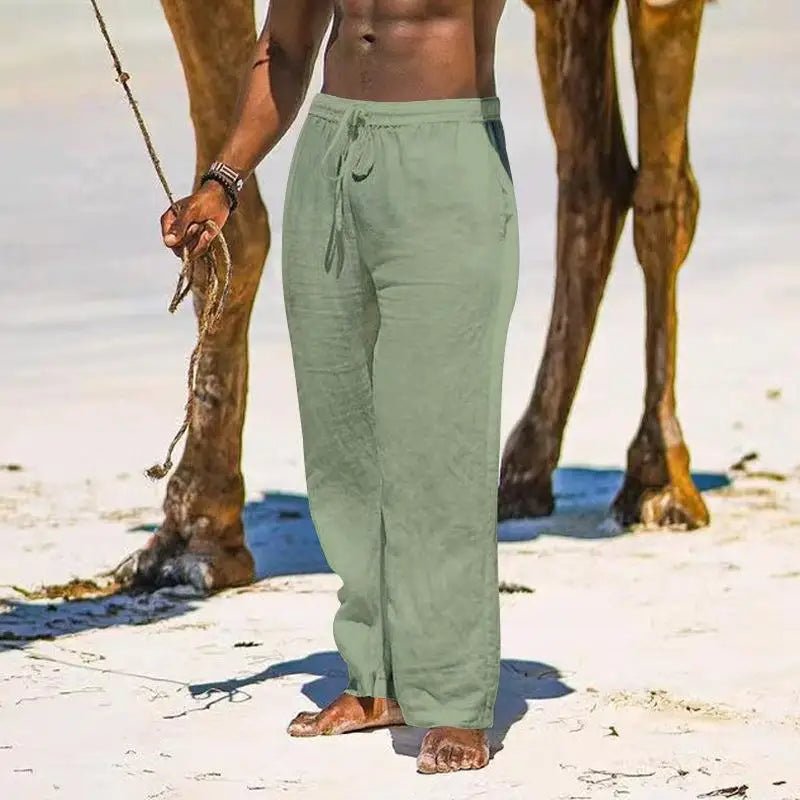 Casual Loose Cotton Linen Men Pants Summer Male High Elastic Waist Wide Leg Sand Holiday Beachwear Straight Full Trousers