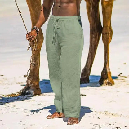 Casual Loose Cotton Linen Men Pants Summer Male High Elastic Waist Wide Leg Sand Holiday Beachwear Straight Full Trousers