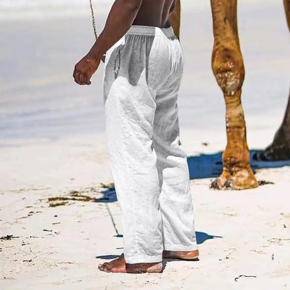 Casual Loose Cotton Linen Men Pants Summer Male High Elastic Waist Wide Leg Sand Holiday Beachwear Straight Full Trousers