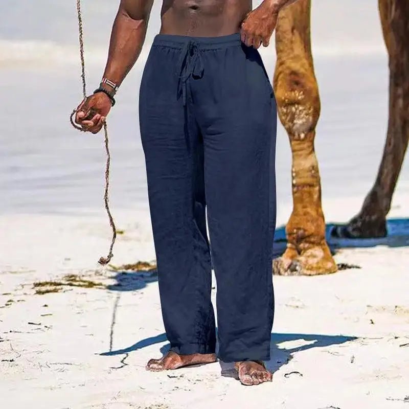 Casual Loose Cotton Linen Men Pants Summer Male High Elastic Waist Wide Leg Sand Holiday Beachwear Straight Full Trousers