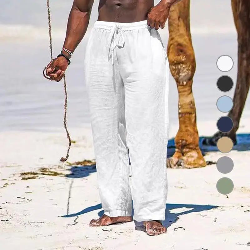 Casual Loose Cotton Linen Men Pants Summer Male High Elastic Waist Wide Leg Sand Holiday Beachwear Straight Full Trousers