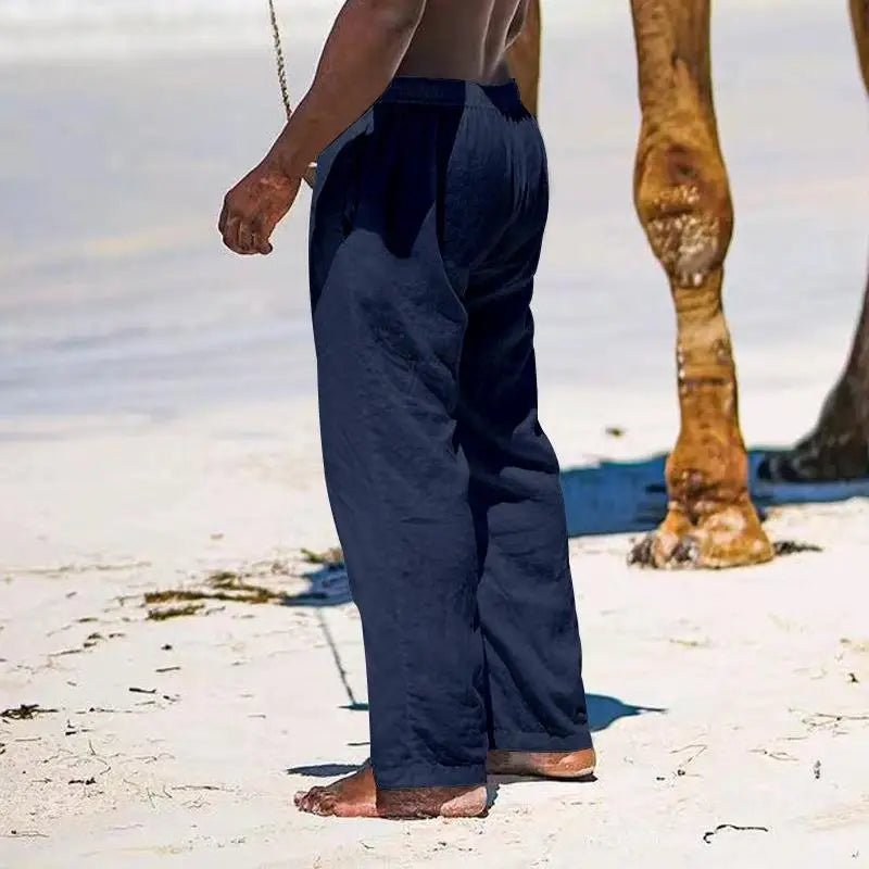 Casual Loose Cotton Linen Men Pants Summer Male High Elastic Waist Wide Leg Sand Holiday Beachwear Straight Full Trousers