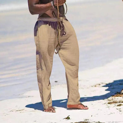 Casual Loose Cotton Linen Men Pants Summer Male High Elastic Waist Wide Leg Sand Holiday Beachwear Straight Full Trousers