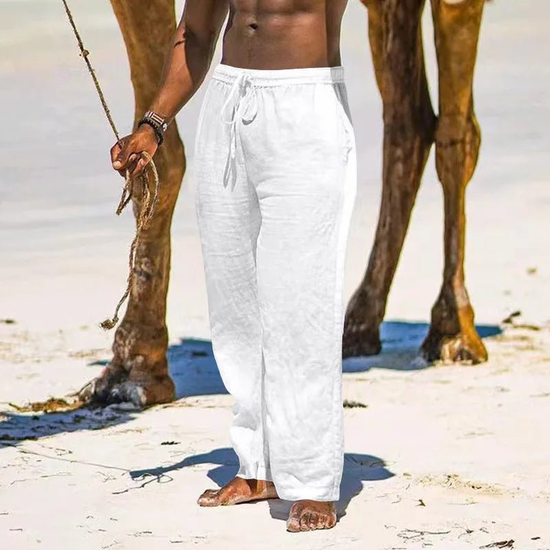Casual Loose Cotton Linen Men Pants Summer Male High Elastic Waist Wide Leg Sand Holiday Beachwear Straight Full Trousers