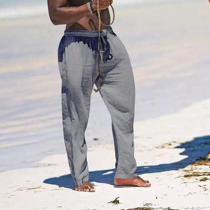 Casual Loose Cotton Linen Men Pants Summer Male High Elastic Waist Wide Leg Sand Holiday Beachwear Straight Full Trousers
