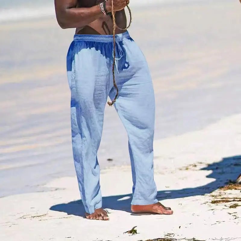 Casual Loose Cotton Linen Men Pants Summer Male High Elastic Waist Wide Leg Sand Holiday Beachwear Straight Full Trousers