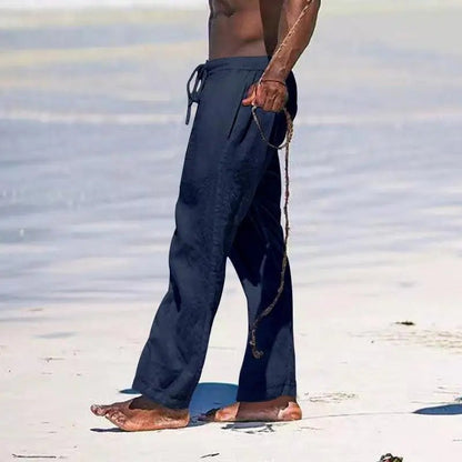 Casual Loose Cotton Linen Men Pants Summer Male High Elastic Waist Wide Leg Sand Holiday Beachwear Straight Full Trousers
