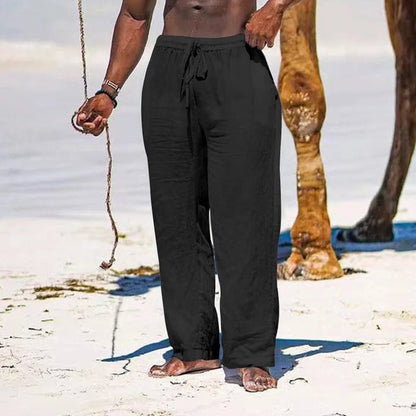 Casual Loose Cotton Linen Men Pants Summer Male High Elastic Waist Wide Leg Sand Holiday Beachwear Straight Full Trousers