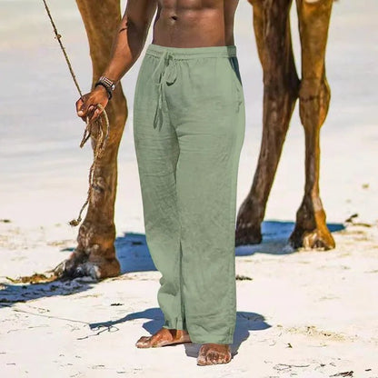 Casual Loose Cotton Linen Men Pants Summer Male High Elastic Waist Wide Leg Sand Holiday Beachwear Straight Full Trousers