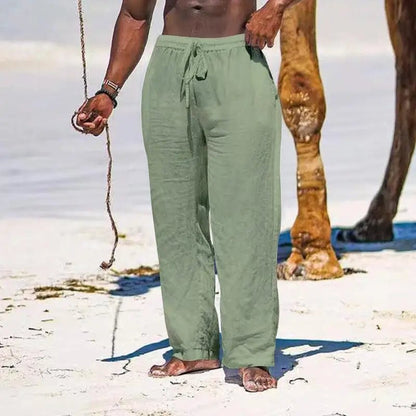 Casual Loose Cotton Linen Men Pants Summer Male High Elastic Waist Wide Leg Sand Holiday Beachwear Straight Full Trousers