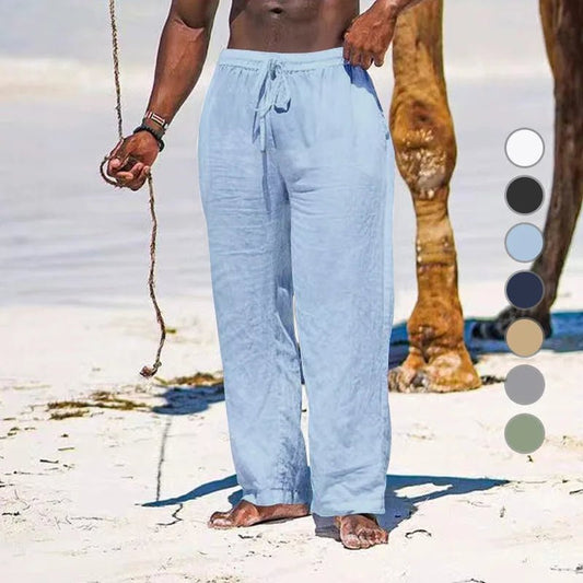 Casual Loose Cotton Linen Men Pants Summer Male High Elastic Waist Wide Leg Sand Holiday Beachwear Straight Full Trousers