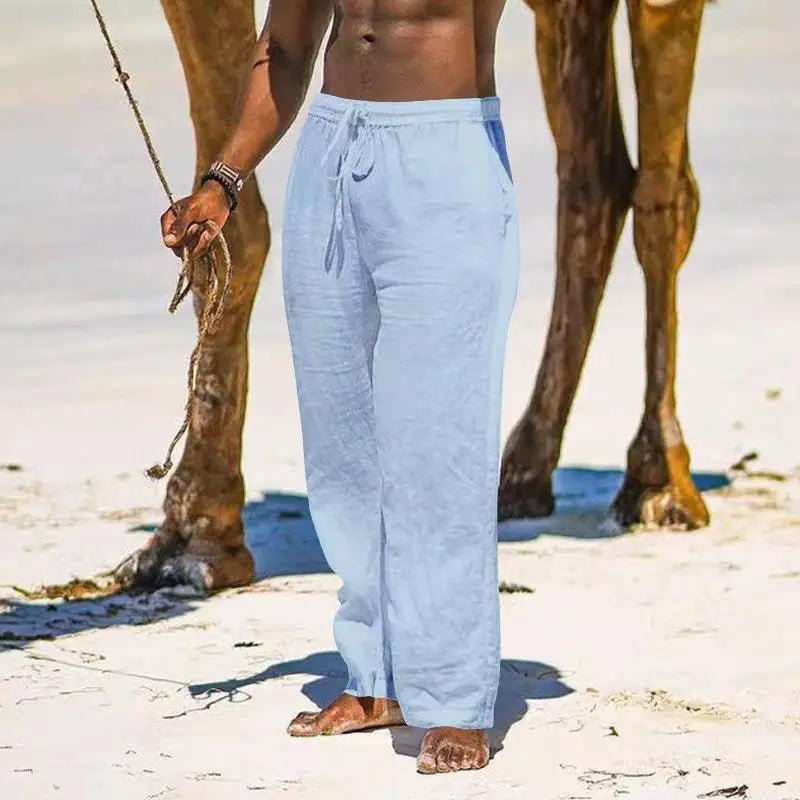 Casual Loose Cotton Linen Men Pants Summer Male High Elastic Waist Wide Leg Sand Holiday Beachwear Straight Full Trousers