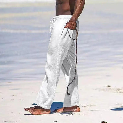 Casual Loose Cotton Linen Men Pants Summer Male High Elastic Waist Wide Leg Sand Holiday Beachwear Straight Full Trousers