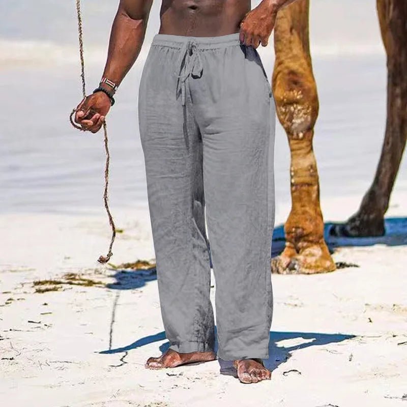 Casual Loose Cotton Linen Men Pants Summer Male High Elastic Waist Wide Leg Sand Holiday Beachwear Straight Full Trousers