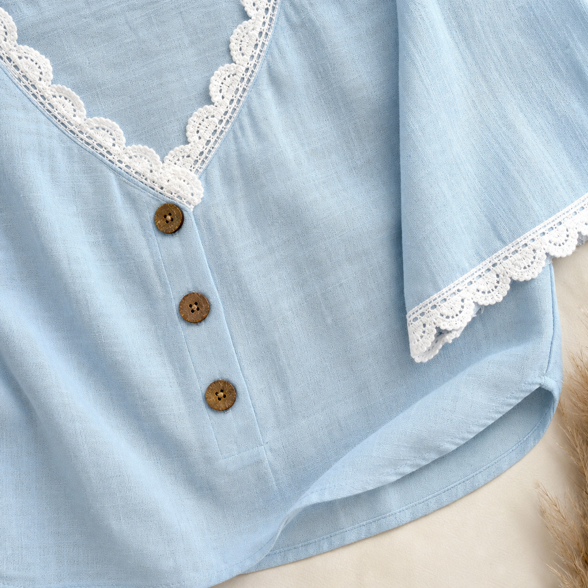 Women's Lace Trim V-Neck Button Short Sleeve Blouse