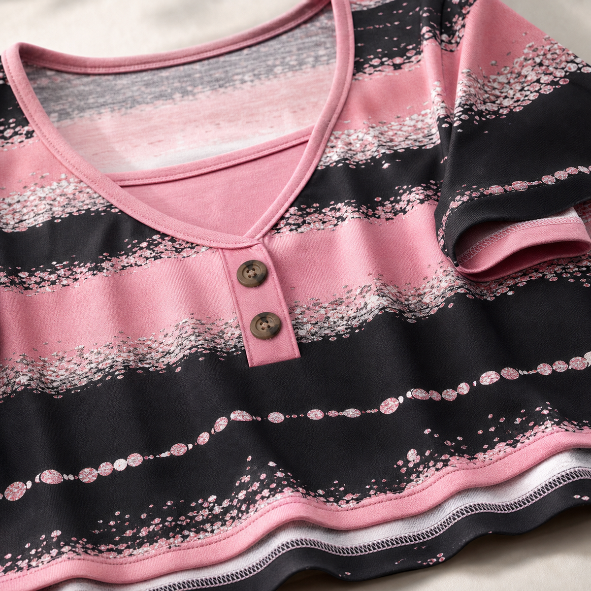 Women's Printed Stripe Short Sleeve Henley Top