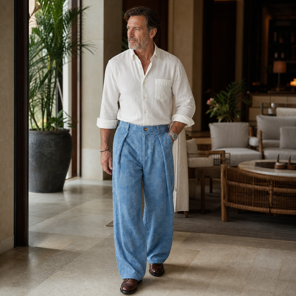 Men's Embossed Floral Wide-Leg Casual Pants