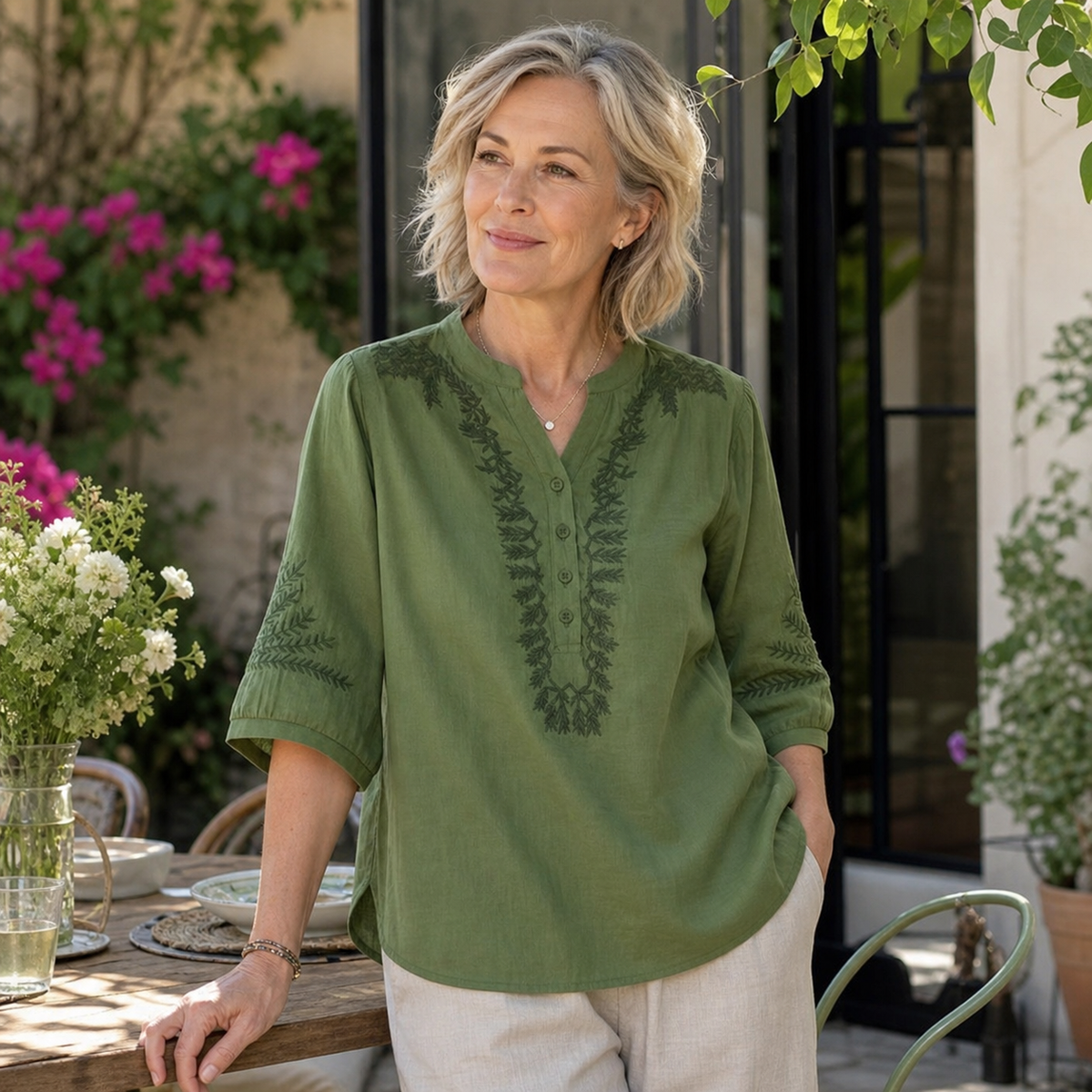 Women's Embroidered Linen-Look V-Neck Blouse
