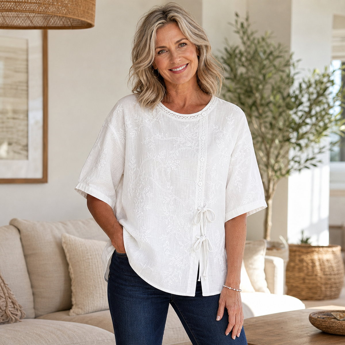 Women's Embroidered Tie-Front Short Sleeve Blouse