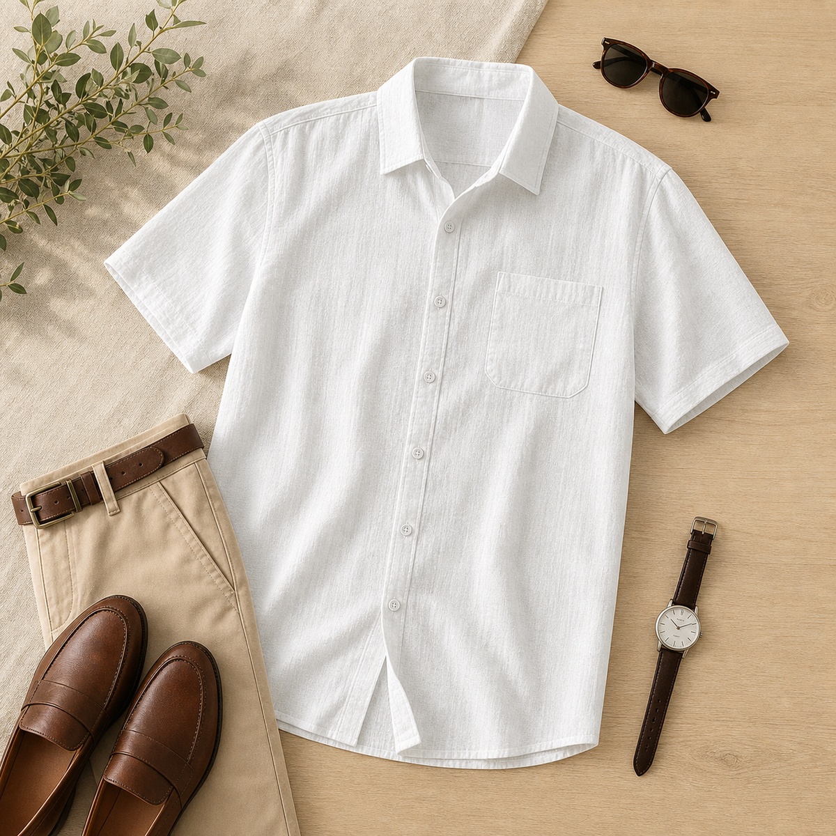 Men's Short Sleeve Linen-Look Button-Up Shirt