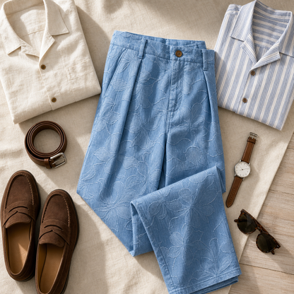 Men's Embossed Floral Wide-Leg Casual Pants
