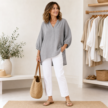 Women's Relaxed Linen-Blend V-Neck Tunic Blouse