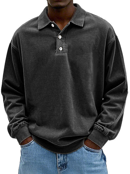 CLEARANCE SALE🔥 Men's Fashion Retro Washed Distressed Cotton Lapel Long Sleeve Polo Shirt