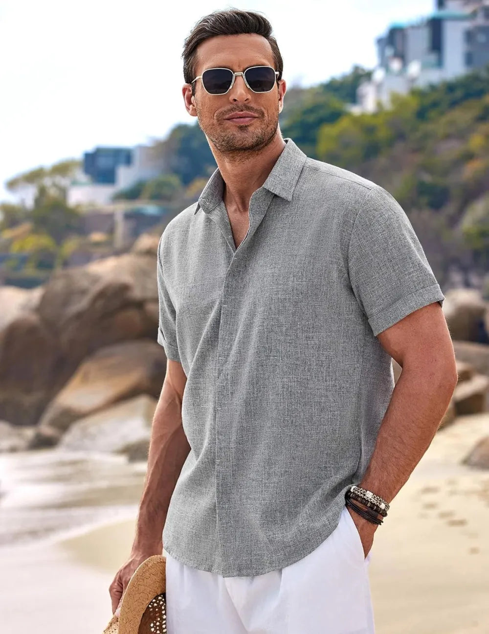 Men's Linen Shirts Short Sleeve Casual Shirts Button Down Shirt for Men Beach Summer Wedding Shirt