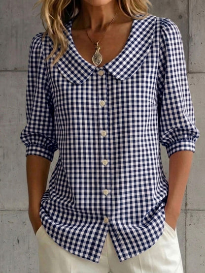 New Arrivals🔥 Women's Retro Peter Pan Collar Checkered Cotton Linen Shirt