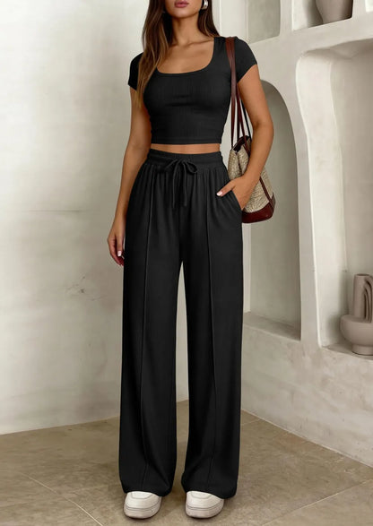⚡FINAL SALE⚡ Women's 2 Piece Outfits Square Neck Crop Top High Waist Wide Leg Pants Loungewear Set