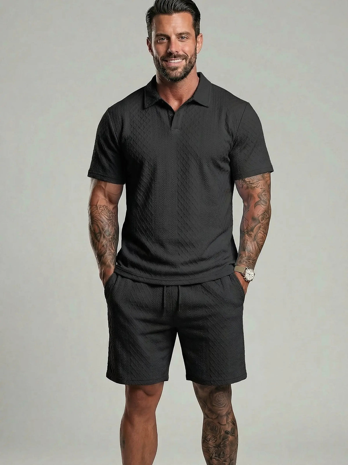 Men's Solid Polo Shirt & Drawstring Waist Shorts Set Cozy Breathable Two-piece Outfits for Daily Outdoor Wear Menswear Suits